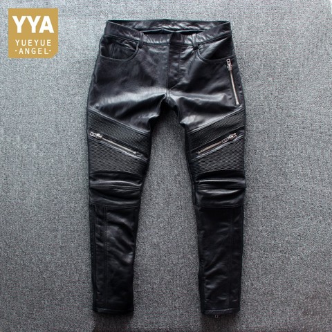 Pantalones de piel auténtica para 100% y motocicleta, ajustados, de piel de oveja lavada, resistente al viento, con múltiples bolsillos, color negro, 4XL ► Foto 1/6