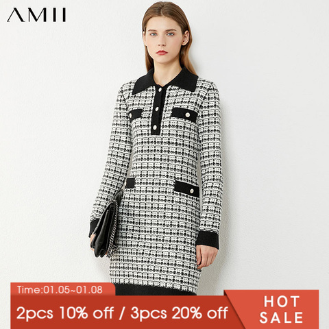 Amii minimalismo otoño vestidos de invierno para las mujeres de moda Tweed vestido de solapa de manga completa temperamento suéter vestido 12040970 ► Foto 1/5