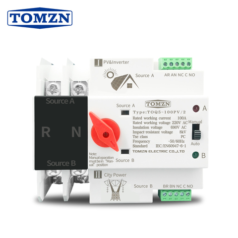 Doble potencia monofásico Din Rail ATS para PV e inversor, interruptores selectores de transferencia automática sin interrupción 2P 63A 100A 125A ► Foto 1/6