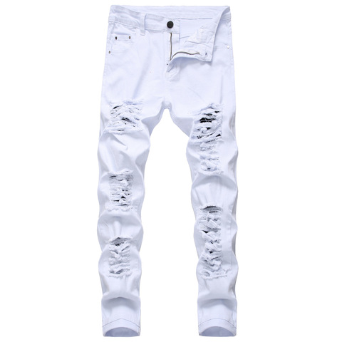 Nueva llegada de los hombres de algodón pantalones vaqueros rasgados de corte Slim Casual en blanco y flaco pantalones vaqueros de hombre de moda elástico hip hop mezclilla Pantalones Hombre ► Foto 1/6