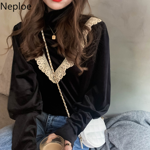 Neploe de diseño de telas combinadas con volantes de terciopelo de mujeres Corea Blusa de manga larga camisa de cuello alto 2022 Otoño e Invierno básica Blusa Mujer 4D952 ► Foto 1/6