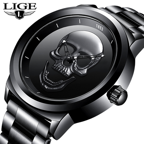 LIGE-Reloj de pulsera de acero inoxidable para hombre, accesorio de pulsera de cuarzo resistente al agua con diseño de calavera 3D, complemento masculino de marca de lujo con diseño creativo ► Foto 1/6