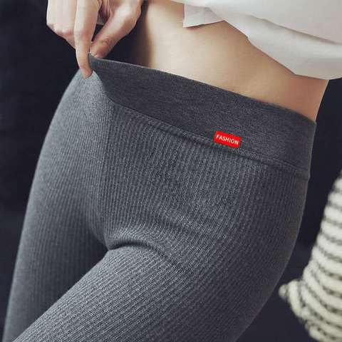 Leggings de algodón puro para mujer, pantalones de cintura alta con hilo vertical, finos, talla grande, para Otoño e Invierno ► Foto 1/6