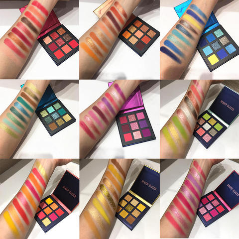 Paleta de sombras de ojos de maquillaje esmaltadas de belleza, pinceles de maquillaje, paleta de sombras de ojos pigmentadas con brillo de 9 colores, paleta de maquillaje ► Foto 1/6