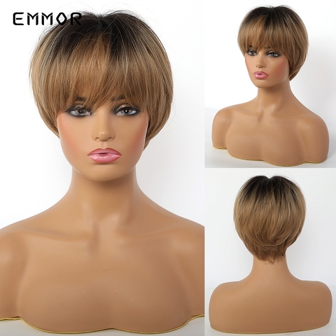 EMMOR-pelucas sintéticas naturales con flequillo para mujer, pelo en capas con raíces negras, color marrón, ceniza corta y Lisa, resistente al calor ► Foto 1/6