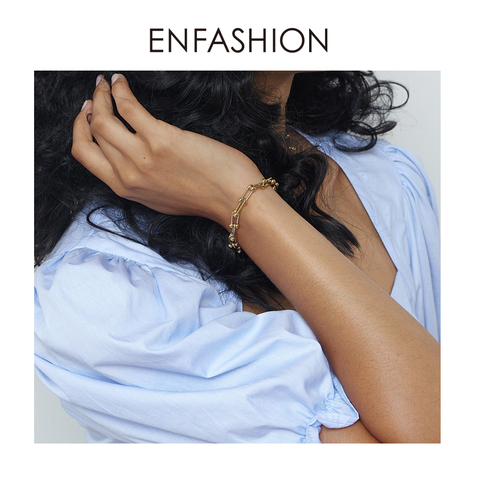 ENFASHION-Pulseras de cadena de eslabones huecas para mujer, pulsera ajustable de acero inoxidable con cuenta de Color oro, regalos de joyería B2082 ► Foto 1/6