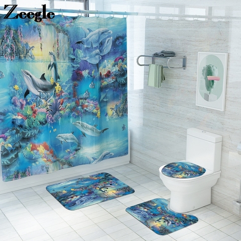 Alfombrilla de baño con estampado de Mundo Marino, juego de alfombra creativa para el baño, decoración del hogar, juego de cortina de ducha, alfombrilla de suelo de baño ► Foto 1/6