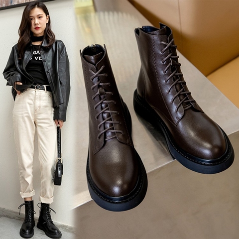 Botas planas de felpa para mujer, genuino de punta redonda Botines de cuero, color negro, marrón, sólido, combina con todo, Martin, invierno, 2022 ► Foto 1/6