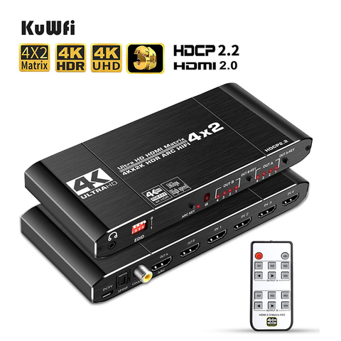 KuWFi HD-MI 2,0 matriz 4x2 4K60Hz interruptor divisor HDCP2.2 EDID 4K x 2K HDR arco HIFI HD-MI conmutador SPDIF coaxial de Audio estéreo de 3,5mm ► Foto 1/5