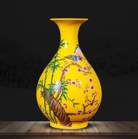 Jarras em amarelo-jarrón amarillo de cerámica, jarrón Jingdezhen, flor, decoración china, jarrones para sala de estar, decoración del hogar, artesanías ► Foto 1/6