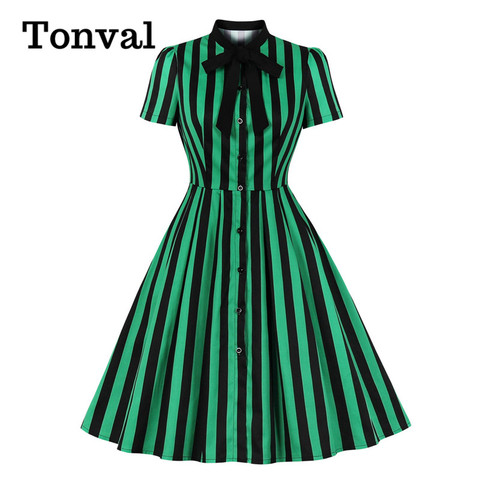 Tonval-pajarita con cuello de rayas verdes, Túnica Vintage abotonada, vestidos elegantes para las mujeres, oficina, señora, vestido Retro de algodón de talla grande ► Foto 1/6