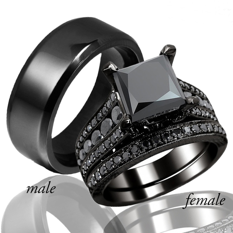 Carofeez-anillo de compromiso negro para parejas, conjunto de anillos de circón para mujer, anillos para hombre, regalo para enamorados, regalo de San Valentín ► Foto 1/5