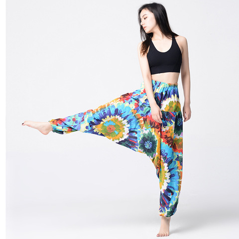 Pantalones indios tailandeses para mujer, pantalón holgado, de algodón, lino estampado, estilo bohemio, Hippie, para Festival, con cintura elástica, estilo nacional ► Foto 1/6