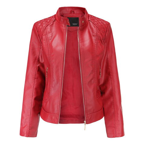 Chaqueta de cuero sintético con cremallera para mujer, chaqueta de motociclista con cuello mandarín, color rojo, gran tamaño, primavera y otoño, 2022 ► Foto 1/6