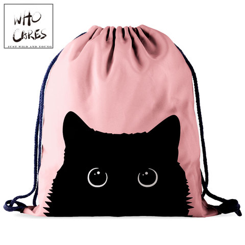 Who care-Bolso para gimnasio con cordón para mujer, mochila con estampado 3D de gato rosa, bolso de moda para ir de compras ► Foto 1/6