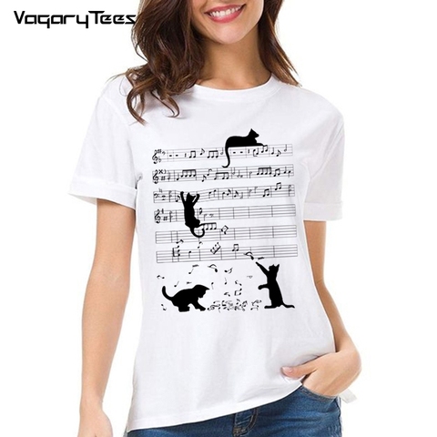 VagaryTees-Camiseta con estampado de gato negro para mujer, Camiseta con estampado de gato y nota musical, regalo para amantes de los gatos ► Foto 1/4