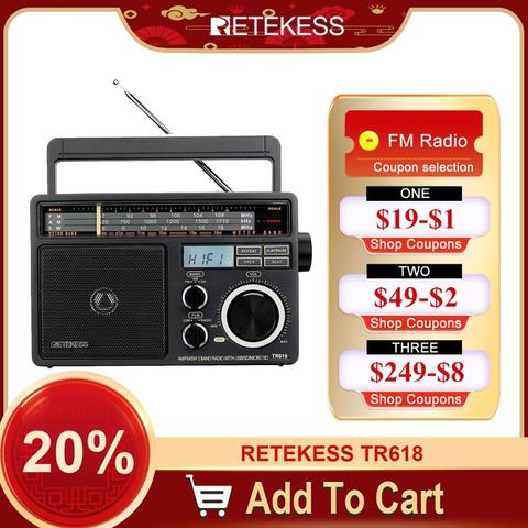 RETEKESS-Radio portátil TR618, receptor de Radio FM, AM, SW, con reproductor de MP3 Digital, altavoz grande de gran volumen y mango para garaje de casa ► Foto 1/6