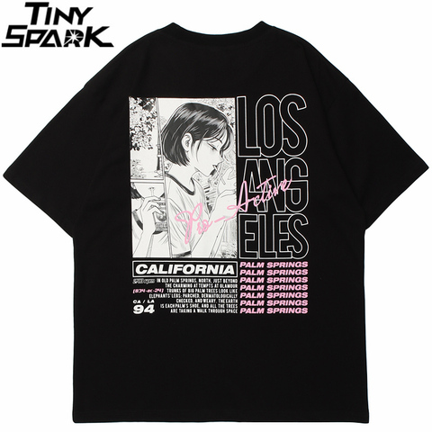 Camiseta de Hip Hop para hombre, Camiseta con estampado de letras Chica de Anime Smoking, camiseta Harajuku de algodón, camiseta de manga corta negra 2022 ► Foto 1/6