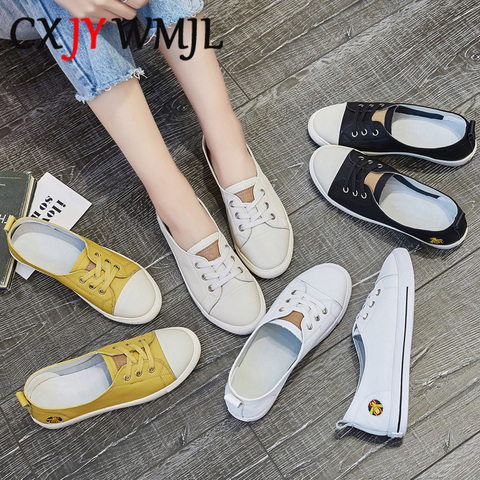 Zapatos informales de cuero genuino para mujer, zapatillas planas blancas, cómodos, vulcanizados, a la moda, sin cordones, zapato grande 42 ► Foto 1/6