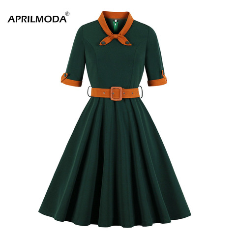 Verde oscuro de Otoño de las mujeres 50s 60s túnica Midi Vestido Retro traje de Vintage Rockabilly Vestido de talla grande de invierno Casual 1950s corto Jurk ► Foto 1/6