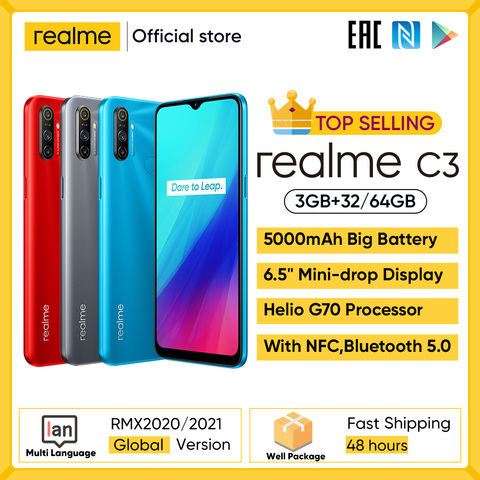 Realme-teléfono móvil inteligente C3, smartphone con 3GB de RAM y 64GB de ROM, Helio G70, cámara de 12MP, pantalla Mini gota completa de 6,5 pulgadas, 5000mAh, NFC ► Foto 1/5