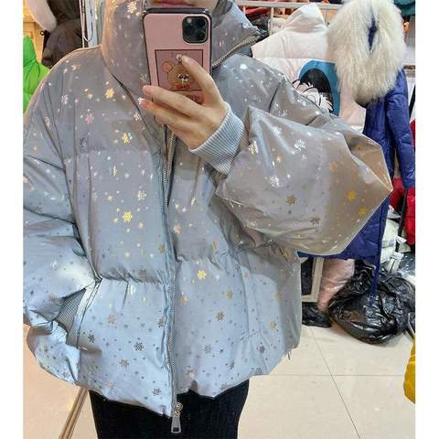 Copo de nieve-abrigo cálido para invierno, Chaqueta larga reflectante, abrigo informal luminoso, ropa de calle gruesa, parka holgada brillante, prendas de vestir acolchadas ► Foto 1/6