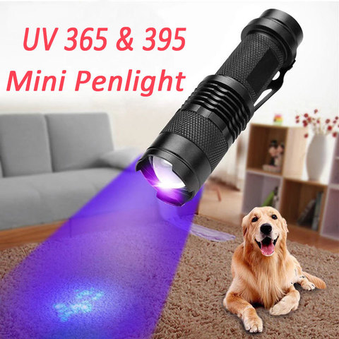 Linterna de luz Ultravioleta UV 365 y 395 con función de Zoom, luz negra, Detector de manchas de orina de mascotas, escorpión, batería AA ► Foto 1/6