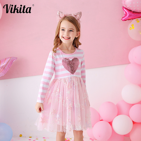 VIKITA-vestido a rayas para niña, vestido de princesa para niña, vestidos de diseño de corazón, ropa informal escolar para niña, ropa para niño ► Foto 1/6