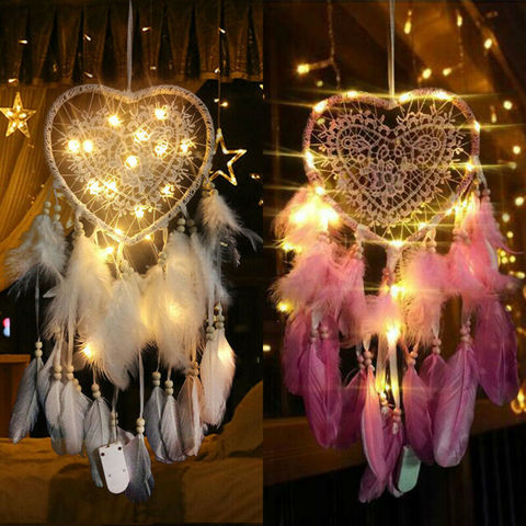 Atrapasueños de lujo con aro hueco LED, colgante con forma de corazón, plumas, luz nocturna hecha a mano, decoración de hogar para colgar en la pared, regalo ► Foto 1/6