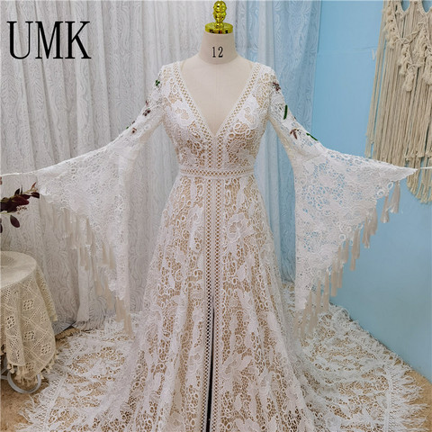 UMK-vestido de Boda Bohemia Vintage con flecos, mangas acampanadas de encaje, bohemio único, cuello de pico, Espalda descubierta, abertura frontal, para novia y playa ► Foto 1/6