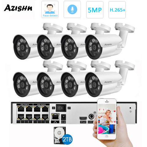 AZISHN-sistema de seguridad CCTV para exteriores, Kit de videovigilancia de Metal con detección facial, + 5MP H.265, HD, NVR POE, cámara IP de Audio, bullet ► Foto 1/6