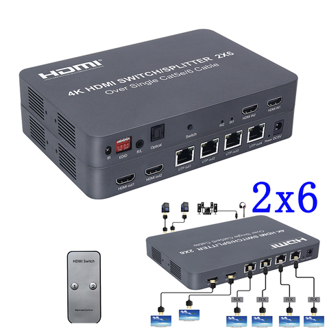2x6 conmutador HDMI/del extensor del divisor óptico SPDIF + Audio jack de 3,5mm Extractor 4K @ 30HZ 100M Ethernet RJ45 CAT5e CAT6 ► Foto 1/6