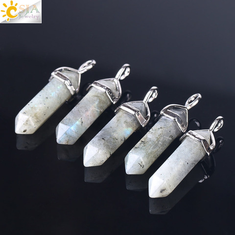 CSJA 1 unid labradorita espectrolita Hexagonal Bullet colgantes piedras naturales piedra péndulo collares hombres y mujeres joyería F395 ► Foto 1/6