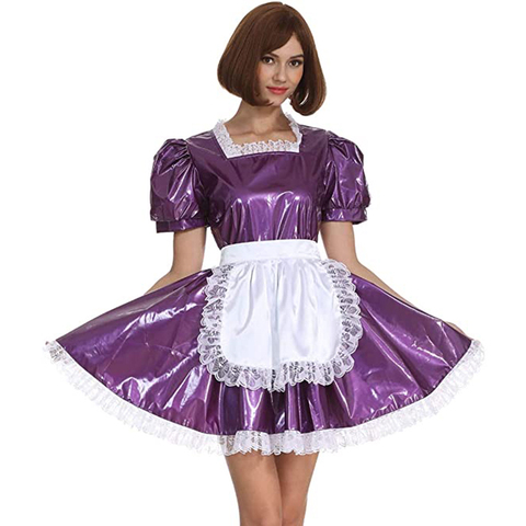 Vestido de talla grande de Lolita, minivestido elegante de encaje con corte en A para mujer, uniforme de Cosplay de mucama brillante de PVC, vestido plisado de manga corta ► Foto 1/6