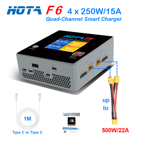 HOTA-cargador de equilibrio inteligente F6, 4x25 0W/15A con conector tipo C 2 en 1 XT60, Lipo, LiIon, NiMH, batería para iPhone, iMac, Samsung ► Foto 1/6