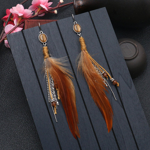 Pendientes bohemios con borla de plumas marrones para mujer, cadena Bohemia con flecos, aretes de oreilla, colgante para fiesta, joyería de Navidad 2022 ► Foto 1/6