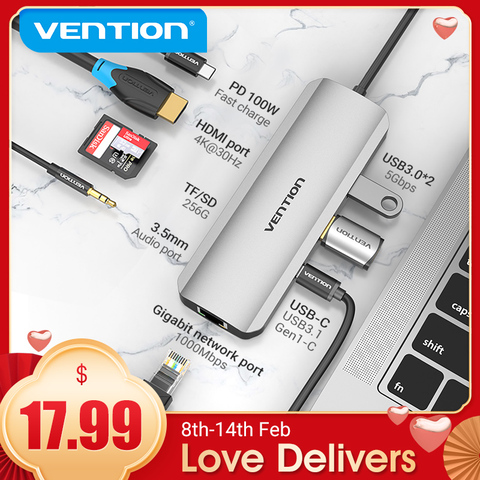 Vention USB C USB tipo C a HDMI 4K VGA PD RJ45 3,5mm USB 3,0 Dock para MacBook Pro accesorios USB-C tipo C 3,1 del divisor del USB Hub ► Foto 1/1