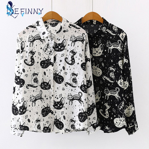 Blusa de manga larga con estampado de gato para oficina, camisa con estampado de gato para mujer, color blanco y negro ► Foto 1/6