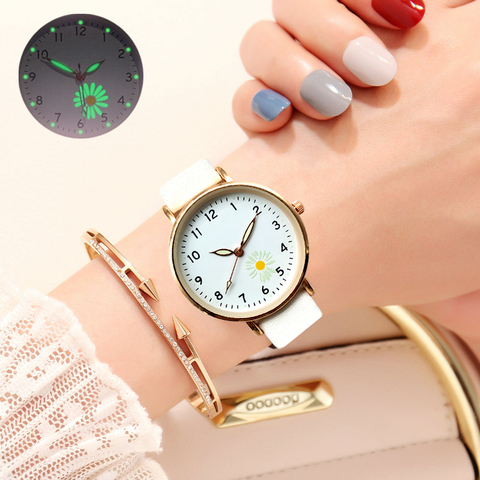 Reloj de margaritas pequeñas para mujer, reloj de pulsera informal de moda con correa de cuero, caja de reloj de cuarzo sencillo para mujer, relojes de pulsera VSCO ► Foto 1/6