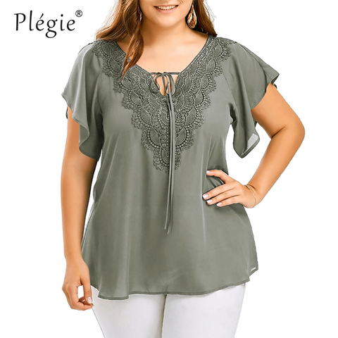 Plegie-camisa De retales De encaje De talla grande para Mujer, Tops y Blusas para Mujer, Blusas De manga corta De talla grande, Blusas De Mujer 2022 ► Foto 1/6