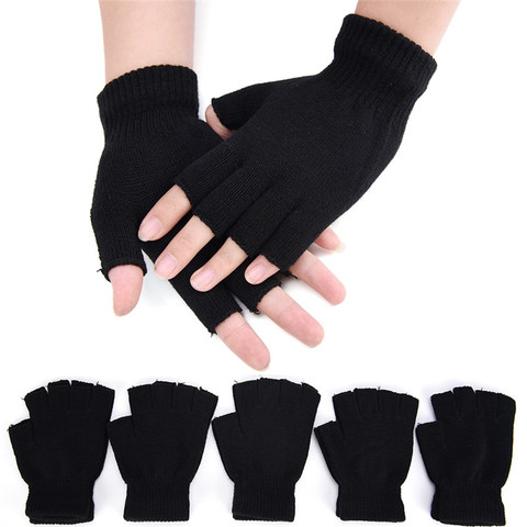 Guantes de entrenamiento cálidos para invierno, guantes negros sin dedos de medio dedo para mujeres y hombres, guantes de algodón tejidos de lana para muñeca, 1 par ► Foto 1/6