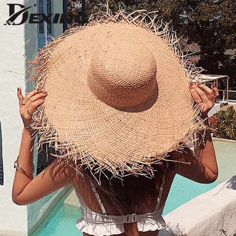 Las nuevas mujeres grandes ala ancha sombrero de verano para las mujeres rafia Natural paja sombrero protector contra el sol sombreros Gilrs Panamá sombrero de playa para la boda ► Foto 1/6