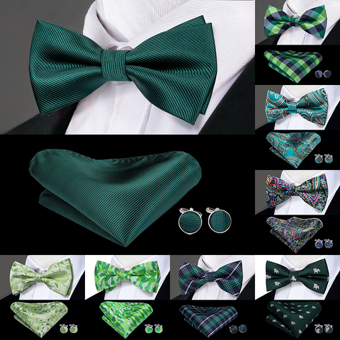 Hi-Tie clásico verde pajarita para hombres seda mariposa pajarita juego de gemelos y pañuelo boda fiesta Paisley Plaid pajarita sólida ► Foto 1/6