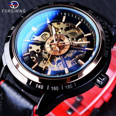 Forsining diseño de motocicleta cinturón negro auténtico esqueleto impermeable hombres relojes automáticos marca superior reloj mecánico masculino de lujo ► Foto 1/6