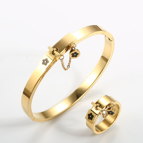 Conjunto de joyería de lujo de acero inoxidable, brazalete de oro para mujer, abalorio floral, anillos para los dedos para hombres y mujeres, conjunto de joyería de regalo ► Foto 1/6