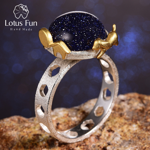 Lotus Fun-Anillo de plata de ley 925 con gema y diseño de perro escapando, joyería fina hecha a mano, con piedra natural, anillo giratorio, con diseño de perro escapando de la Tierra ► Foto 1/6