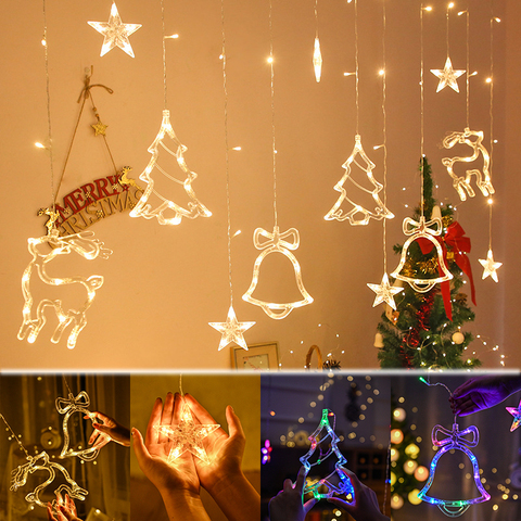 Estrella copo de nieve ciervo con campanas guirnalda de árbol, luces, cortina de luces para Año Nuevo, fiesta, boda, vacaciones, decoración, 3,2 M ► Foto 1/6