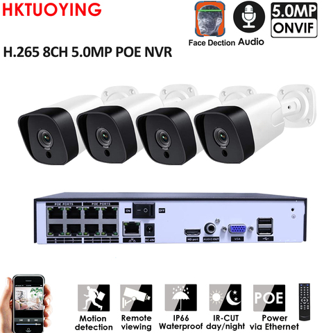 Sistema de videovigilancia de seguridad para exteriores, kit de videovigilancia de H.265 + 8 canales, 5.0mp, NVR POE, KitCCTV, 5,0 MP, IP, cámara POE P2P IR IP66, impermeable ► Foto 1/6