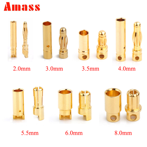 10 Uds Amass 2,0mm 3,0mm 3,5mm 4,0mm 5,5mm oro bala de plátano conector de 6,0mm enchufe de 8,0mm para la batería de RC 5 pares ► Foto 1/6