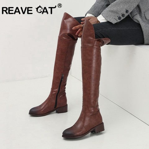 REAVE CAT-Botas por encima de la rodilla para mujer, zapatos de invierno de tacón cuadrado bajo, Botas Largas ajustados, color negro, marrón, talla grande 44 45 46, 2022 ► Foto 1/6